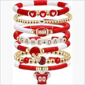 Game Day Football Charm Stretch Bracelet, Stackable Sports Jewelry